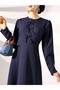 Ribbon detailed imported crepe dress - navy - 3