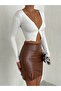 Faux Leather Fabric Elastic Waist Slit Design Tan Color Mini Skirt 222645