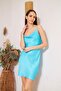 Women's Blue Strap Mini Satin Dress Dm1020 - 7