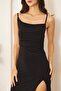 Women's Black Degaje Collar Slit Dress Dm1040 - 4