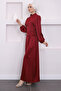 Burgundy Side Detailed Satin Evening Dress - 3