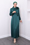 Emerald Green Satin Evening Dress with Front Detail - 3