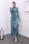 Satin Evening Dress with Mint Stone Embellished - 4
