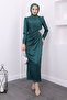 Emerald Green Satin Evening Dress with Stone Embellished
