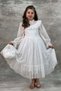 Girl's White Dress with Transparent Tulle and Ruffle Detail on the Sleeves and Collar - 8