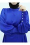 Long Cuffed Waist Tied Satin Balloon Sleeve Dress -Cobalt Blue - 5