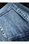 Stone Embroidered Waist-Tied Pocketed Denim Dress -Blue - 4