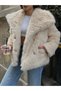 Women's Snap Fastener Wide Collar Faux Fur Coat Beige - 2