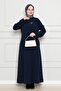 Brooch Detailed Dress-Navy Blue - 3