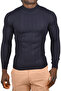 Men's Navy Blue Half Turtleneck Striped Non-Pilling Slim Fit Knitwear Sweater 2505491
