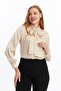 Beige Satin Women's Shirt - Solid Cut with Bow - 4