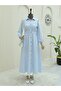 Elastic Waist Full-Button Striped Dress - Baby Blue - 2