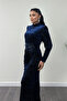 Velvet Fabric Glitter Printed Evening Dress - NAVY BLUE - 3