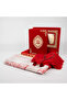 Shawl + Prayer Rug + Rosary + Quran Gift Set (Medium B. Shams Lafzatullah Gold Plexi Raschel Box, Red - 2