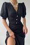Women's Black V-Neck Balloon Sleeve Button Detailed Midi Dress - 5