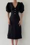 Women's Black V-Neck Balloon Sleeve Button Detailed Midi Dress - 2