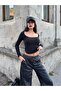 Women's Black Boat Neck Cotton Fabric Bodysuit 28338 - 5
