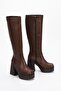Lenora Women's Brown Light Plartphom Heel Blunt Toe Zipper Boots