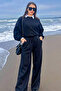 Black Women's Three Thread Raised Winter Wide Leg Palazzo Bottom Tracksuit