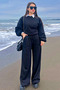 Black Women's Three Thread Raised Winter Wide Leg Palazzo Bottom Tracksuit - 3