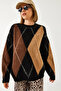 Women's Black Camel Diamond Patterned Oversize Knitwear Sweater 60351284 - 6