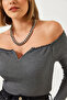 Women's Anthracite Gathered Collar Crop Knitted Blouse 60261062 - 4