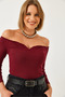 Women's Burgundy Gathered Collar Crop Knitted Blouse 60261062