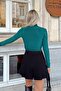 Mint Green Half Turtleneck and Waist Draped Women's Blouse Crop - 5