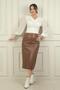 Women's Leather Midi Skirt with Front Slit and Pocket Detail - 3