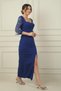 Women's Sweetheart Neckline Waist Buckle Sleeves Stone Embroidered Slit Long Crepe Dress - 3