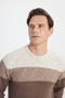 Men's Beige-Brown Warm Colorblock Patterned Knitwear Sweater Standard Fit Crew Neck - 4