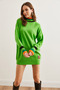 Women's Pistachio Green Neckline and Cuff Detail Knitwear Tunic Dresselb- 19001992 - 2