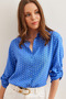 Women's Cobalt Blue Sleeve Fold Polka Dot Shirtgml- 19000348