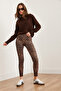 Women's Camel High Waist Ribbed Lined Leopard Leggingstyt- 19000087 - 6
