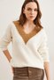 Women's Ecru V-Neck Color Detailed Soft Textured Knitwear Sweaterkzk- 19000895 - 2