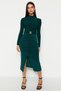Emerald Green Fitted/Slim Fit Stand Collar Belted Stretch Midi Knitted Dress Twoaw22El0434 - 2