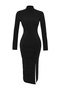Siyah Drape Detaylı Yırtmaçlı Dik Yaka Fitted/Vücuda Oturan Esnek Midi Örme Elbise TWOAW24EL00134 - 9