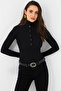 Women's Black Snap Fastener Ribbed Knit Blouse Ey2983 - 6