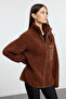 Winter Essentials Kahverengi Kalın Polar Fermuarlı Cepli Örme Hırka/Sweatshirt TWOAW24SW00071