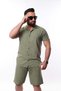 Keten Men's Short Sleeve Slim Shirt Collar Khaki Cotton Shirt and Pipe Leg Shorts Bottom Top Set