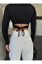 Black Crew Neck Long Sleeve Crop Blouse with Tie Waist Detail - 7
