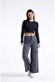 Black Crew Neck Long Sleeve Crop Blouse with Tie Waist Detail - 3