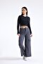 Black Crew Neck Long Sleeve Crop Blouse with Tie Waist Detail - 4