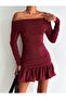 Madonna Collar Skirt Bottom Side Balloon Sides Back Drawstring Detail Long Sleeve Silvery Fabric Stretchy Mini Dress - 6