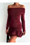 Madonna Collar Skirt Bottom Side Balloon Sides Back Drawstring Detail Long Sleeve Silvery Fabric Stretchy Mini Dress - 4