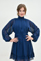 Women's Lined Chiffon Fabric Backless High Collar Long Balloon Sleeve Navy Blue Chiffon Dress 066 - 6