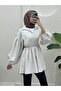 V-Neck Striped Tunic with Elastic Waist and Sleeves - Beige