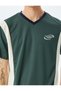 V-Neck Short Sleeve Color-Blocking Slogan Printed Oversize Sports T-Shirt - 5