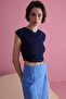 Women's Navy Blue Zero Sleeve Blouse with Tie Detail - 5