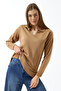 Women's Polo Collar Long Sleeve Knitwear Blouse Light Brown